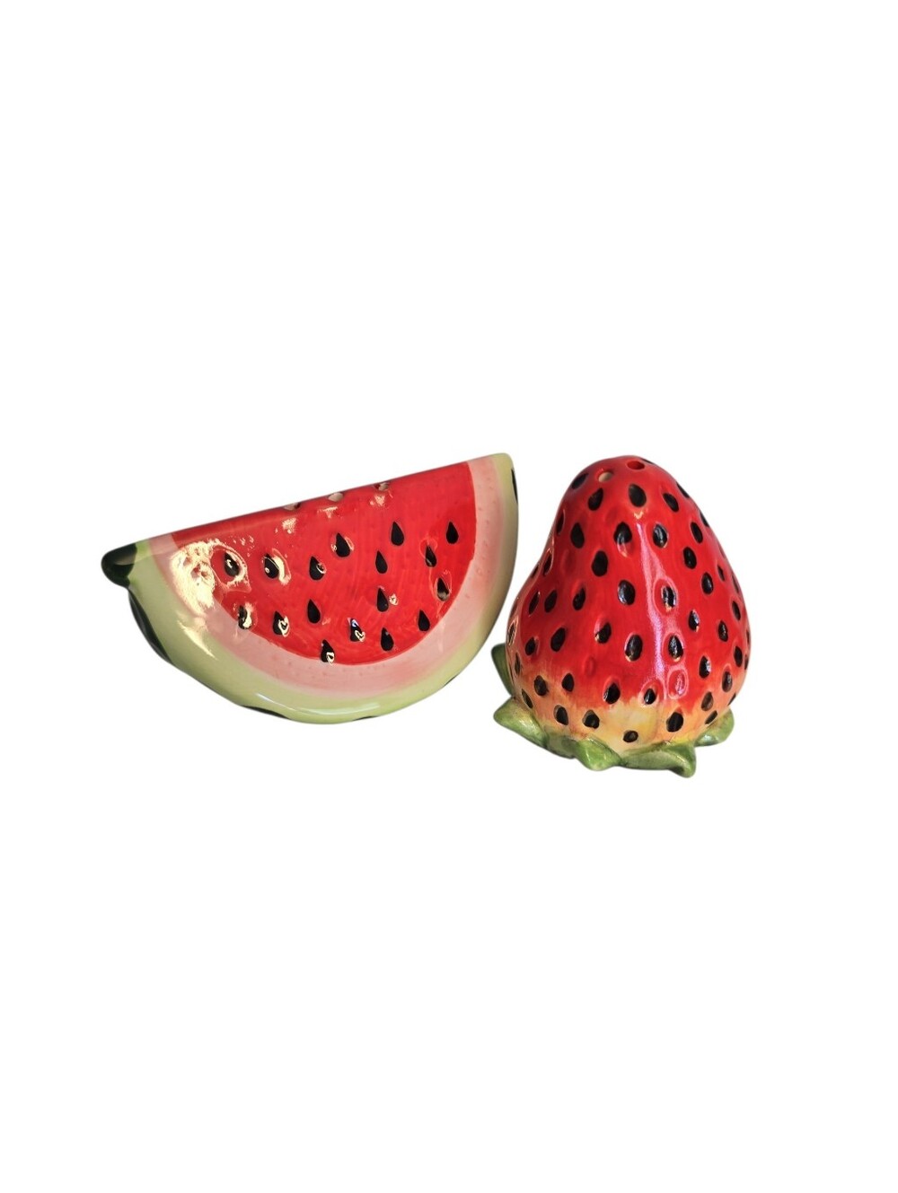 Ceramic Watermelon Strawberry Salt and Pepper Shaker Set Stiil Have Plugs